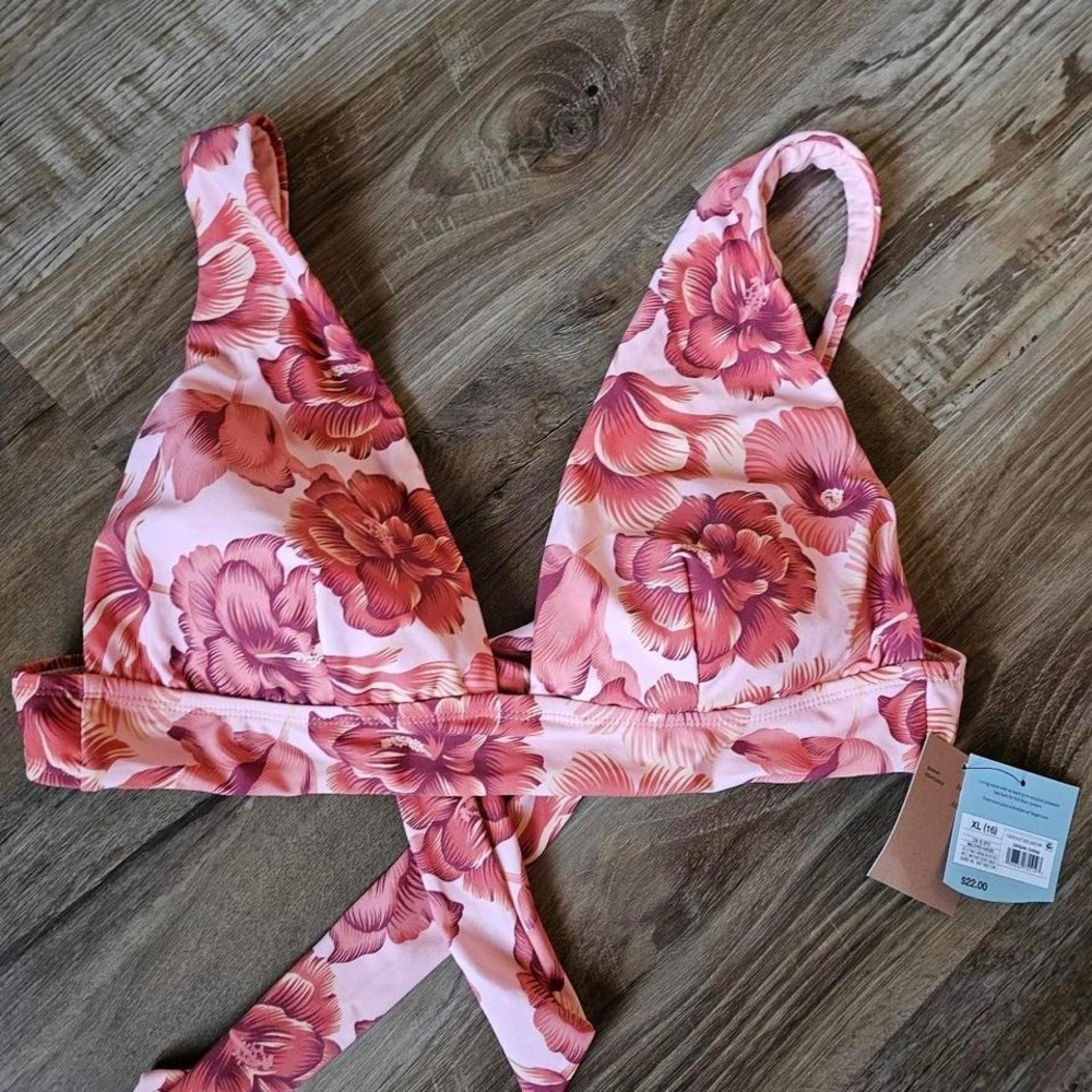 Shade&Shore Pink Floral Wrap Bikini Top XL 16 Hibiscus Print V-Neck Swimwear NEW